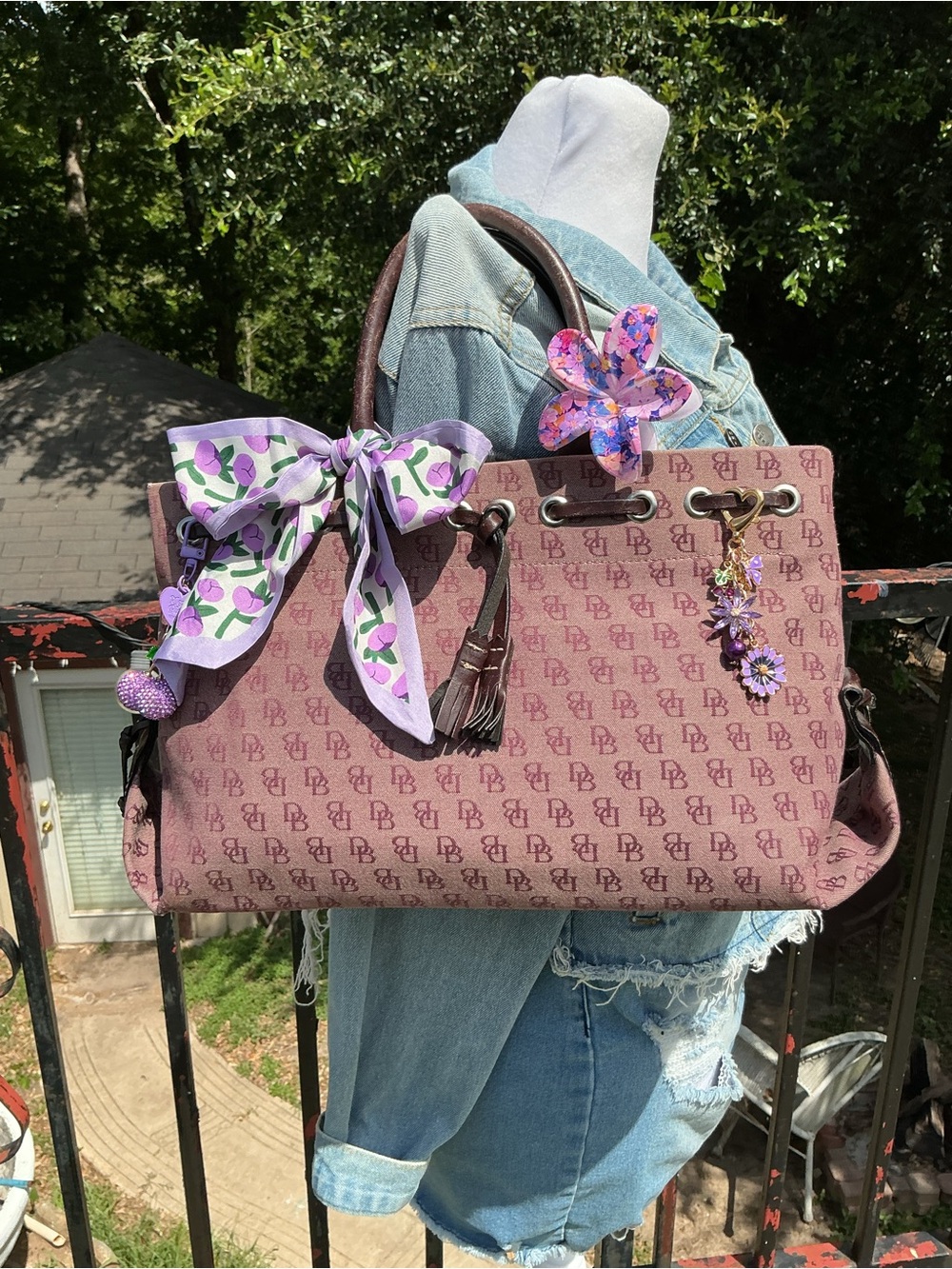 Pink Monogram Tote with Floral Scarf and Charm Accents